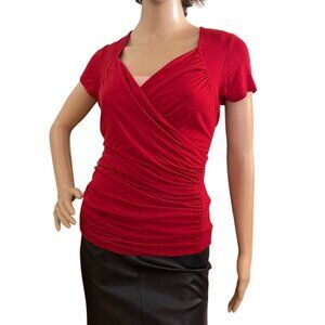 Zeagoo Womens Size Large Top Red Ruched Faux Wrap V-Neck Blouse Bodycon Stretch